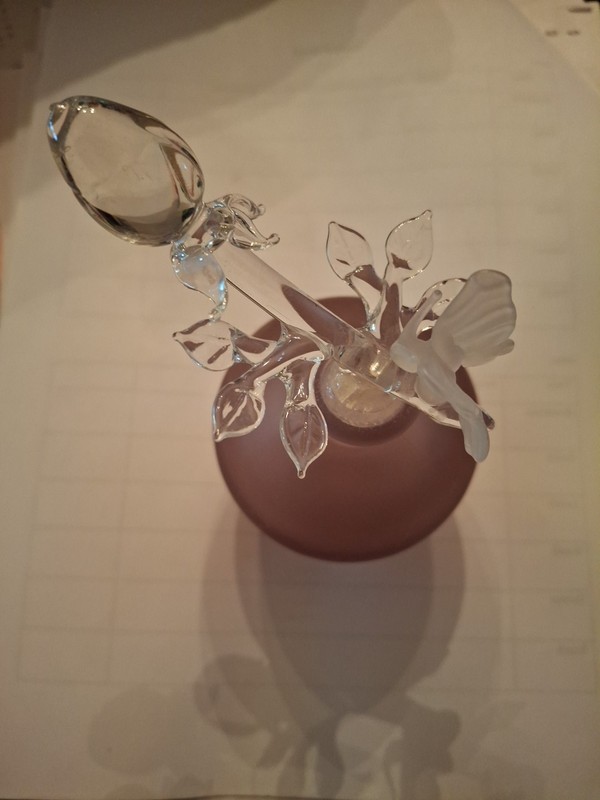 Vintage Perfume Bottle Pink Satin Glass Base Rose Floral Butterfly Design Topper