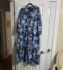 NWT Rachel Zoe Blue And Brown Floral Print Tiered Collared Midi Dress Large