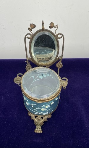 Antico cofanetto francese in vetro dipinto a mano e specchio smussato supporto orologio da tasca - Foto 2 di 11