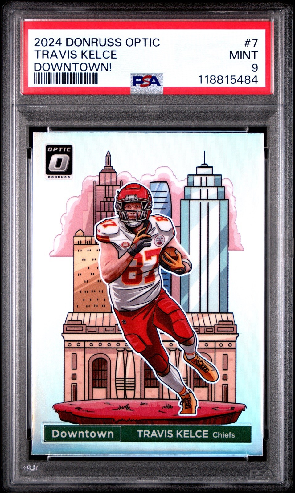 2024 PANINI DONRUSS OPTIC TRAVIS KELCE #7 DOWNTOWN CASE HIT SSP PSA 9 CHIEFS
