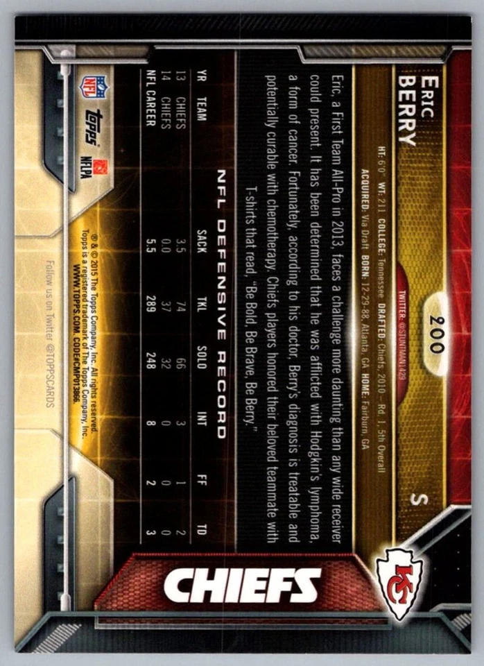 2015 Topps Eric Berry Kansas City Chiefs #200 - Image 2 of 2