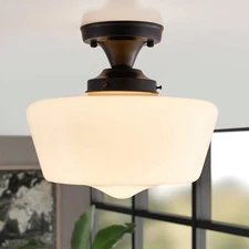Black Schoolhouse Light Fixture, 12" Milk Glass Flush Mount Ceiling Light, Bl...