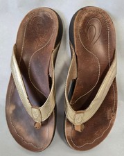 Women's Olukai Kumu Metallic Gold Leather Flip Flops Size 8 Classic