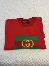 Gucci Red Green Stripe Gold Logo Graphic Men's Crew Neck T-Shirt Size XL