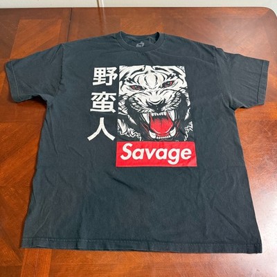 Men s 2XL Black Savage Tiger Graphic T Shirt Japanese Kanji Streetwear