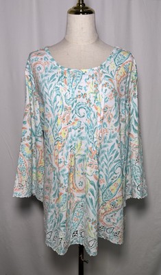 Ruby Rd Tunic Top Shirt Blouse 2X Women 3/4 Sleeve Paisley Embroidered Green