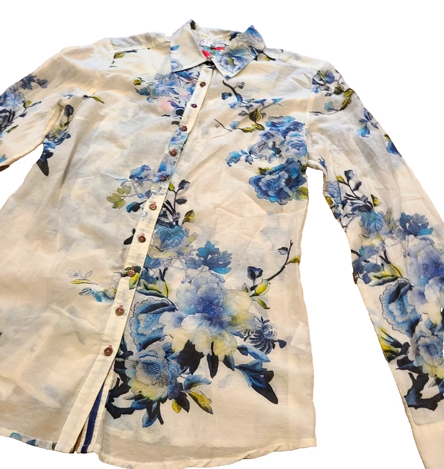 Blusa Johnny Was 3J Workshop Mezcla de Seda Floral Abotonada Camisa Ajustada Para Mujer S Foto 3 de 4