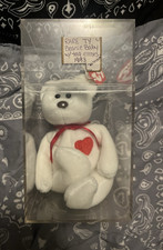 Ty Beanie Baby White Bear Plush w/ Red Heart Ribbon Plastic Display Case 1993