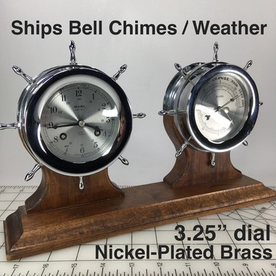 VTG Bulova SHIPS BELL CLOCK & BAROMETER Nickel Plated *WORKING/CHIMES* see VIDEO