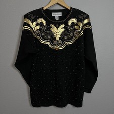 VTG Victoria Harbour 80s Sequin Bead Black Gold Holiday Party Glam Sweater Sz L