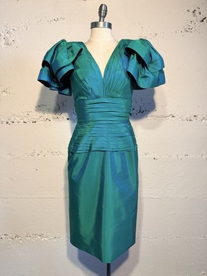 1980s Vintage Tadashi Neiman Marcus Emerald Green Party Dress Puff Sleeve |  eBay