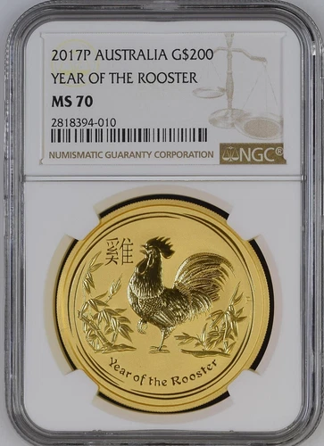 AUSTRALIA 2017  2OZ  GOLD LUNAR ROOSTER (SERIES 2) NGC MS70