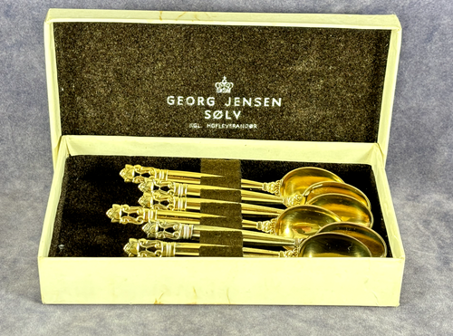 Set of 6 Sterling Silver Georg Jensen Acorn 3¾" Demitasse Spoons Gold Wash w Box
