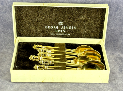 Set of 6 Sterling Silver Georg Jensen Acorn 3¾" Demitasse Spoons Gold Wash w Box - Picture 1 of 10