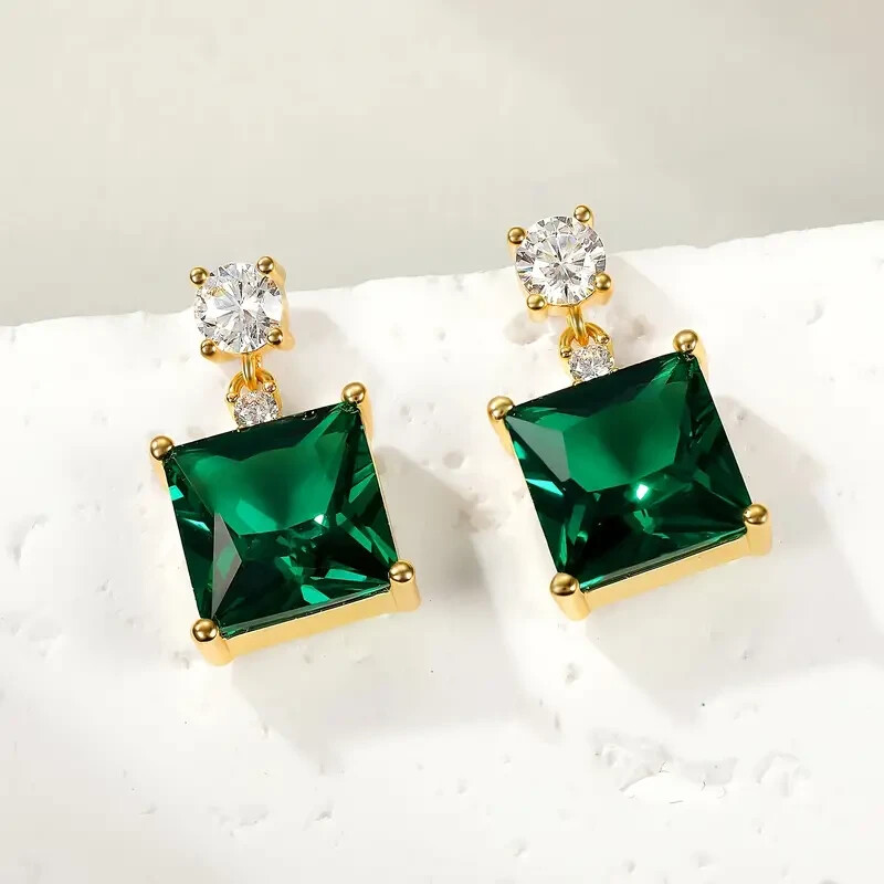 14K Yellow Gold Princess Cut Simulated Emerald Stud Earrings for Women-image
