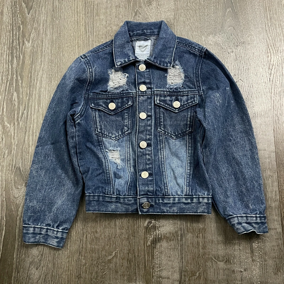 Encrypted Boys Jean Jacket Distressed Button Dark Wash Denim Size 2T