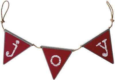 Rustic Primitive Style Metal Christmas Pennant Banner, ''JOY'', rope cord, PBK NWT