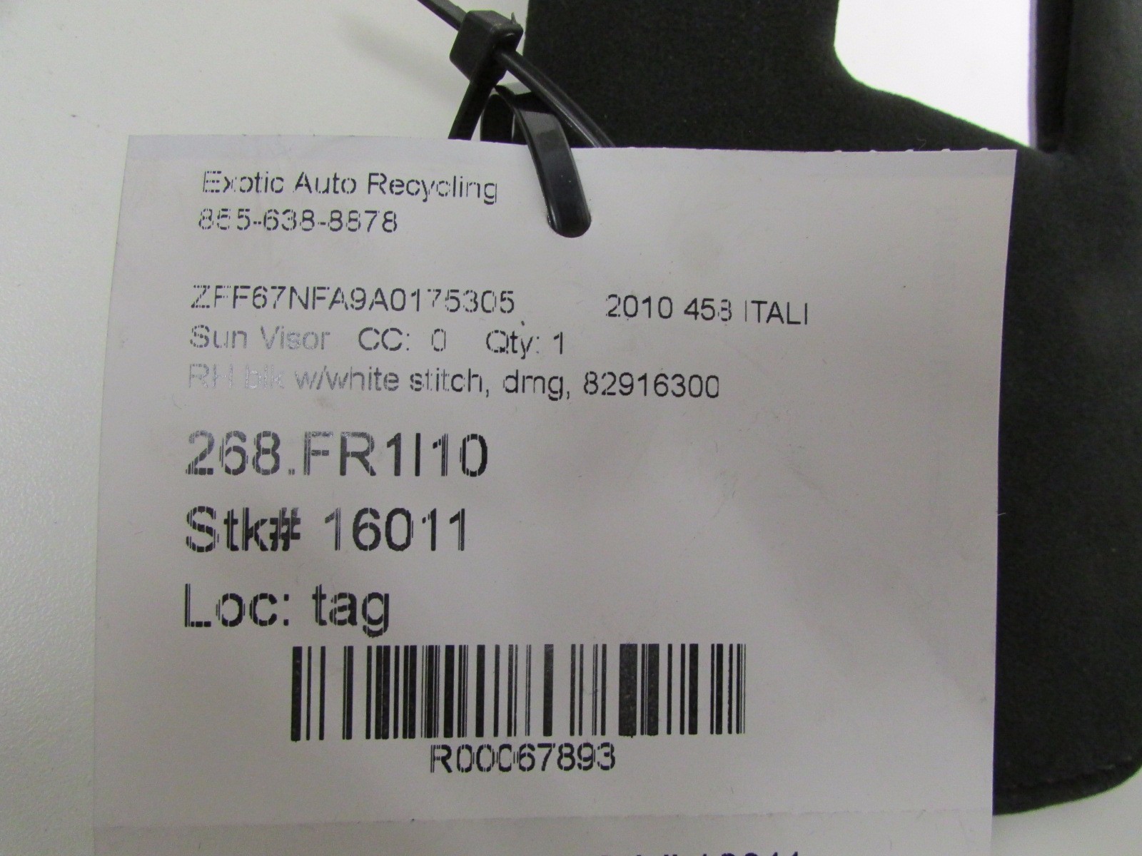 Ferrari 458 Italia, RH, Right Sun Visor, Blk w/ White Stitch, Used, P/N 82916300