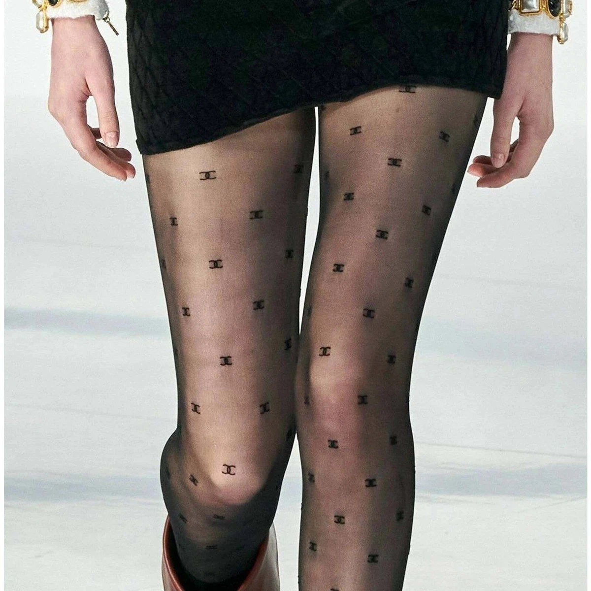 Chanel REV Runway Black CC Logo Sheer Hoisery Stockings Pull On Tights  Medium M