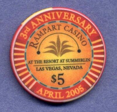 $5 RAMPART CASINO, Las Vegas, 3rd anniversary chip,  April 2005