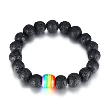 16cm Black Natural Lava Rock AAA Beads Elastic Stone Rainbow Bead Chain Bracelet