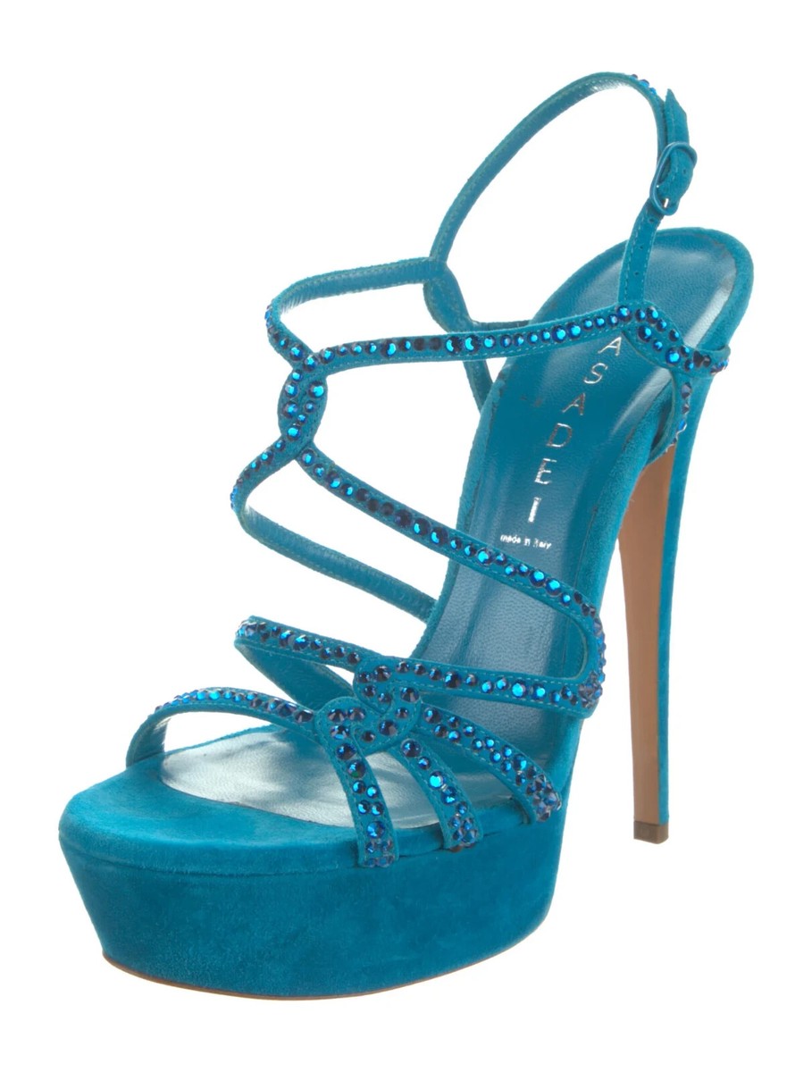 CASADEI Blue Suede Crystal Embellishments T-Strap Pumps SZ 7  display picture 1
