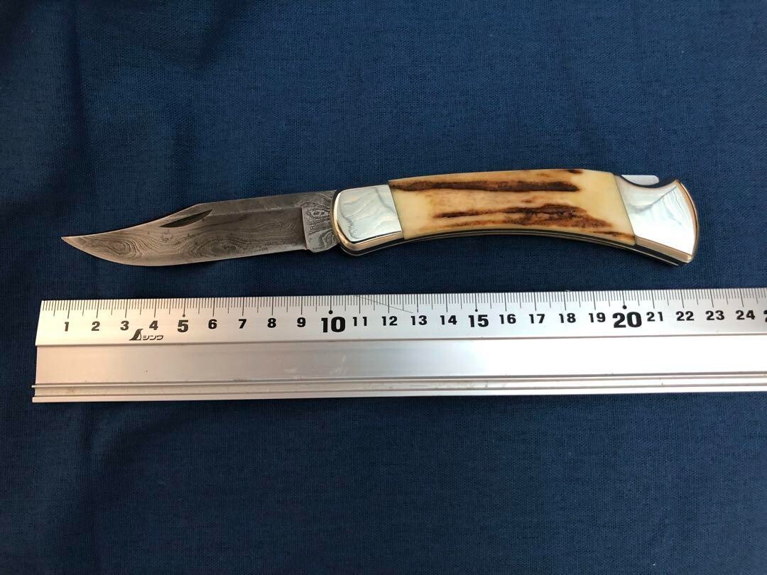 BUCK 110V Damascus Stag Holding Knife 1989 Vintage Leather Sheath  