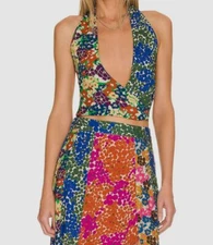 $195 Love the Label Women Blue Floral Halter Open-Back Cropped Blouse Top Size S