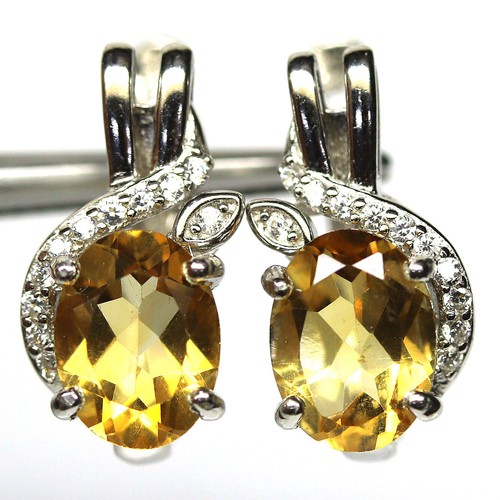 925 Sterling Silver 6 x 8 mm. Yellow Citrine & Zircon Earrings White Gold Plated