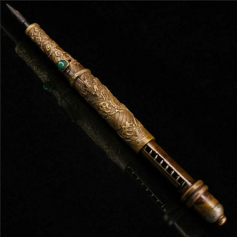 8.66" Antique Chinese purple copper inlay gem Dragon head Sleeve arrow sword - Image 3 of 4