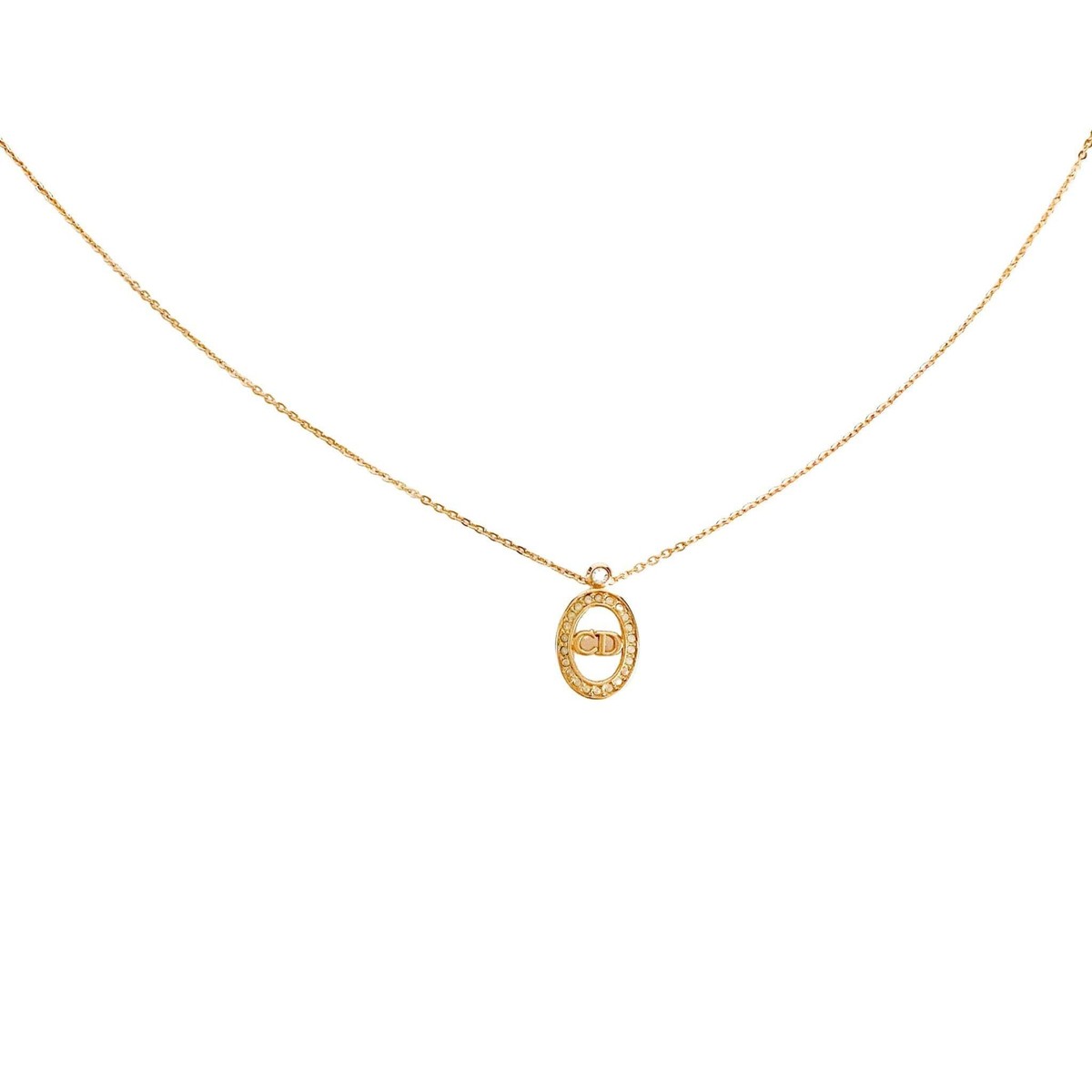 Christian Dior Logo Plate Gold Necklace① DIOR Vintage Dior Rhinestone Circle Logo Plate 43cm Gold