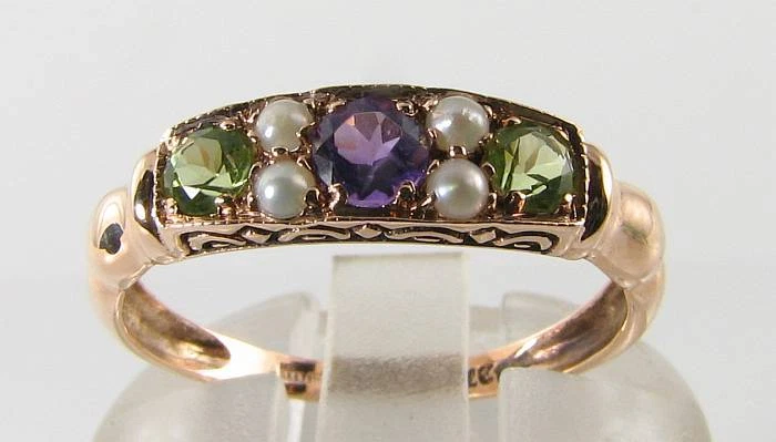 Anillo Art Déco SUFFRAGETTE 9K 9CT Oro Rosa Amatista Peridoto Perla