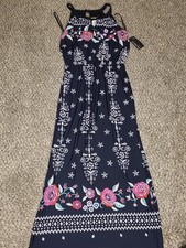En Focus Studio Dress Womens 8 Blue Floral Halter Maxi Boho Sundress New