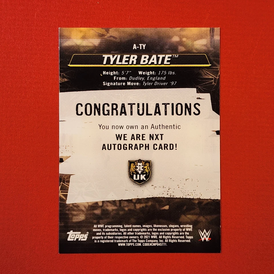 5-10-10 PWE . 2021 topps wwe nxt #a-ty tyler bate auto autograph /250 - Image 2 of 2