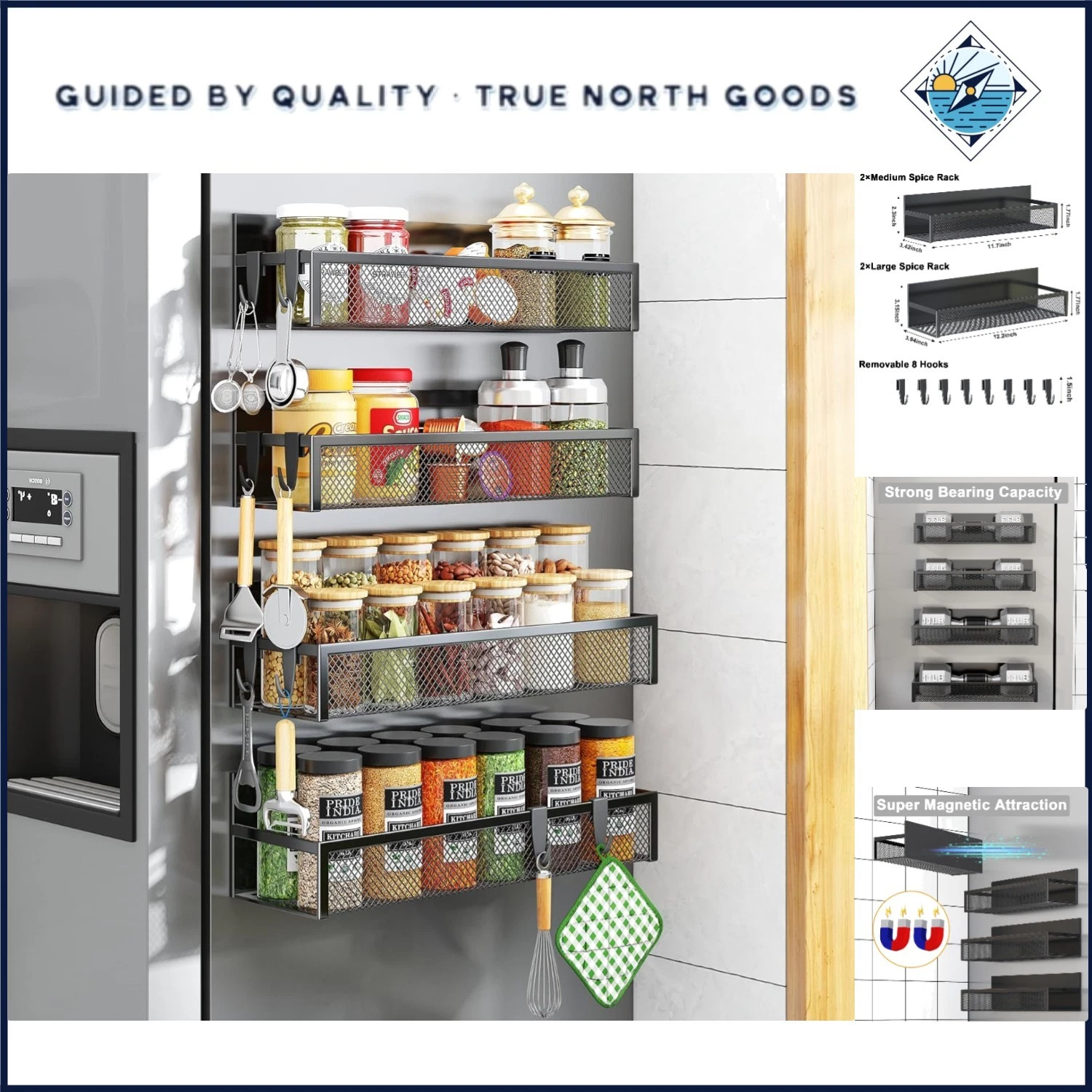 4 Pack Magnetic Kitchen Shelf with Moveable Hooks for Spice and Utensil Storage