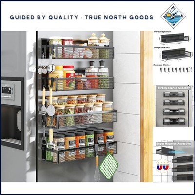 4 Pack Magnetic Kitchen Shelf with Moveable Hooks for Spice and Utensil Storage