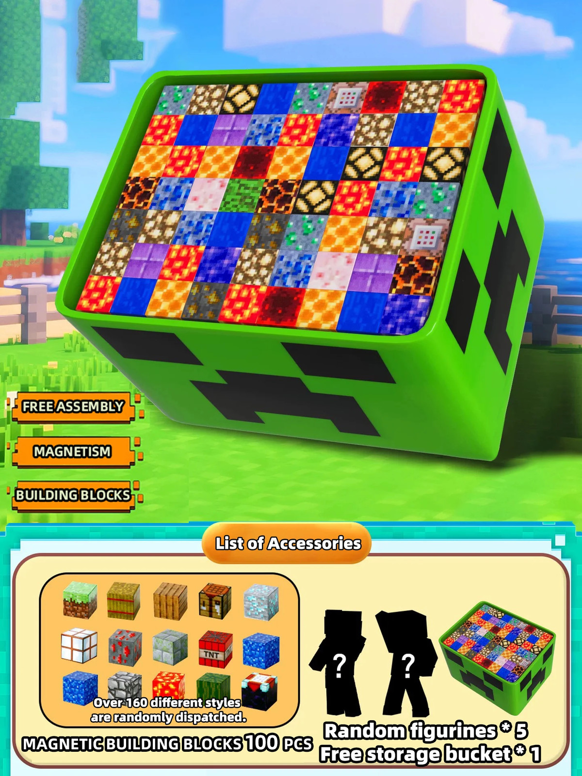 Magnetic Building Blocks Toy Storage Box Set DIY Assembly Construction Minecraft