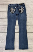 MISS ME Womens Sz 28 Dark Denim Aztec Fleur De Lis Mid-Rise Bootcut Jeans EXC