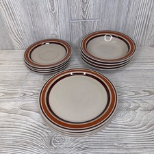 Newcor Stoneware Japan Brown and Orange Stripes Bands Plates Bowls Saucers 12 pc