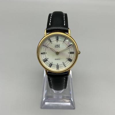 Jaz Paris Womens Watch 31mm White MOP Dial Gold Tone Black Leather