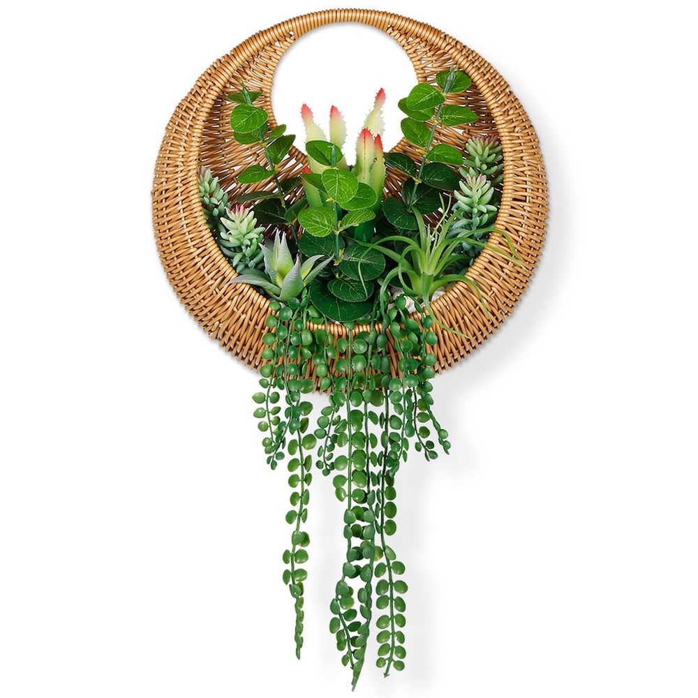 Boho Hanging Artificial Succulent in Woven Basket Wall Decor
