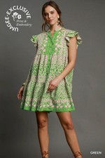 Umgee Green Boho Chic Ruffle Sleeve Babydoll Dress Button Down Detail