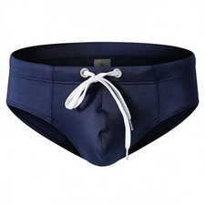 Men's Solid Color Quick Dry Anti-Exposure Triangle Swim Shorts Drawstring Ti.