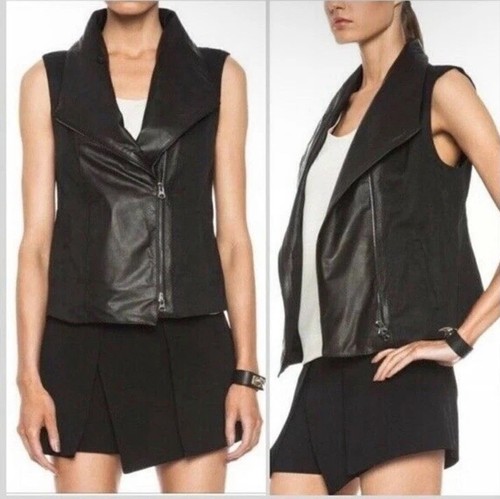 Vince Black Linen/ Leather Blend Moto  Style Asymmetrical Vest Sz-L~Stylish