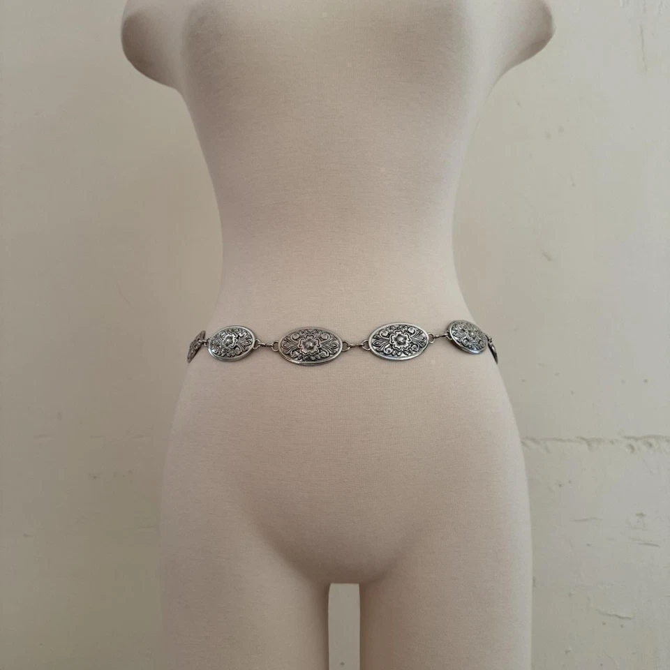 Cinturón cadena concho flor plata antigua Y2K Foto 3 de 4