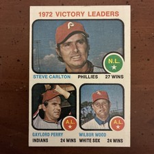 1973 Topps #66 1972 Victory Leaders HOF CARLTON 27 WINS/HOF PERRY 24 WINS/WOOD24