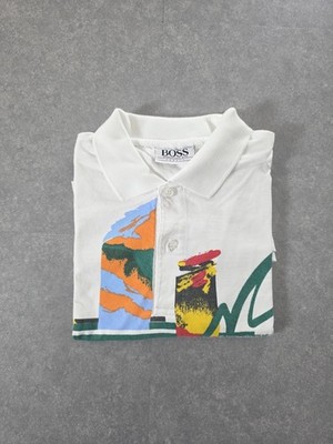 Vintage Boss International Sports Poloshirt 90er weiß mit abstraktem Print (L)