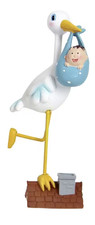Deko, Storch  auf dem Dach mit Baby blau (17,5cm)