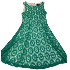 AUW Lace Fit and Flare Dress Womens Small Green Excellent Floral Sleeveless