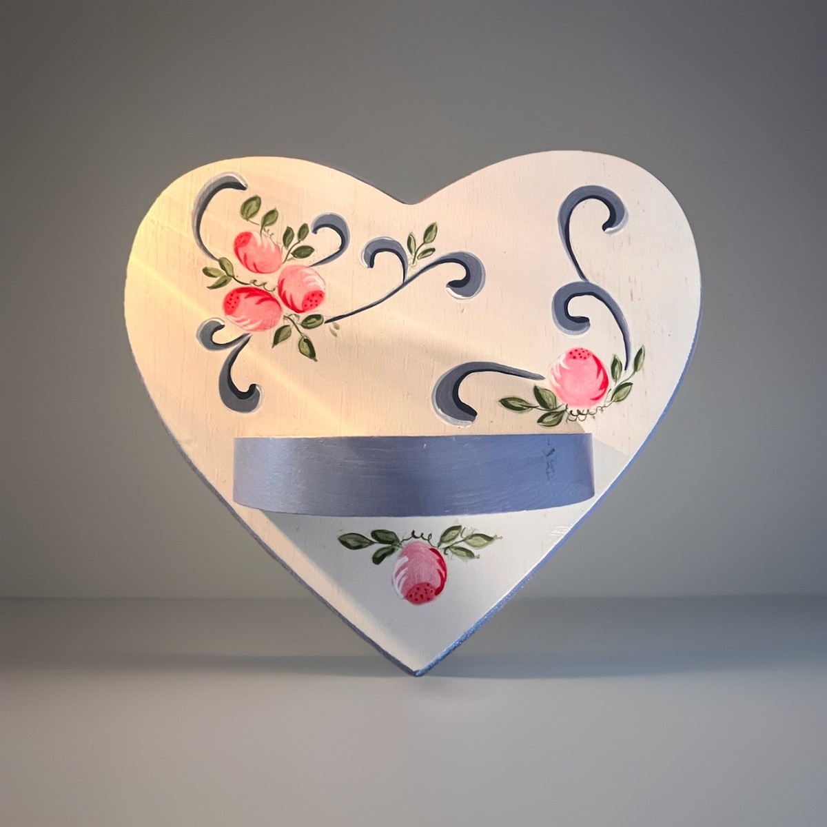 Vintage 80s Wooden Heart Shaped Hanging Shelf Decor Handpainted